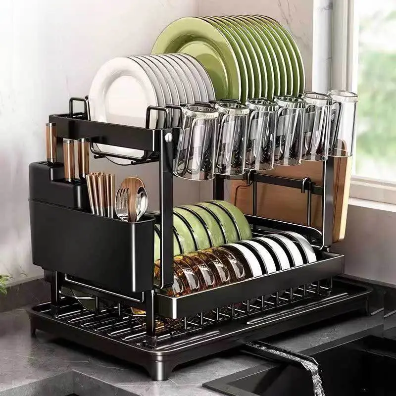 Double Layer Kitchen Utensil Rack with Drainage Slot, Dish Organizer, Rust-Resistant Thickened Stand, Cutlery Holder, Countertop Storage