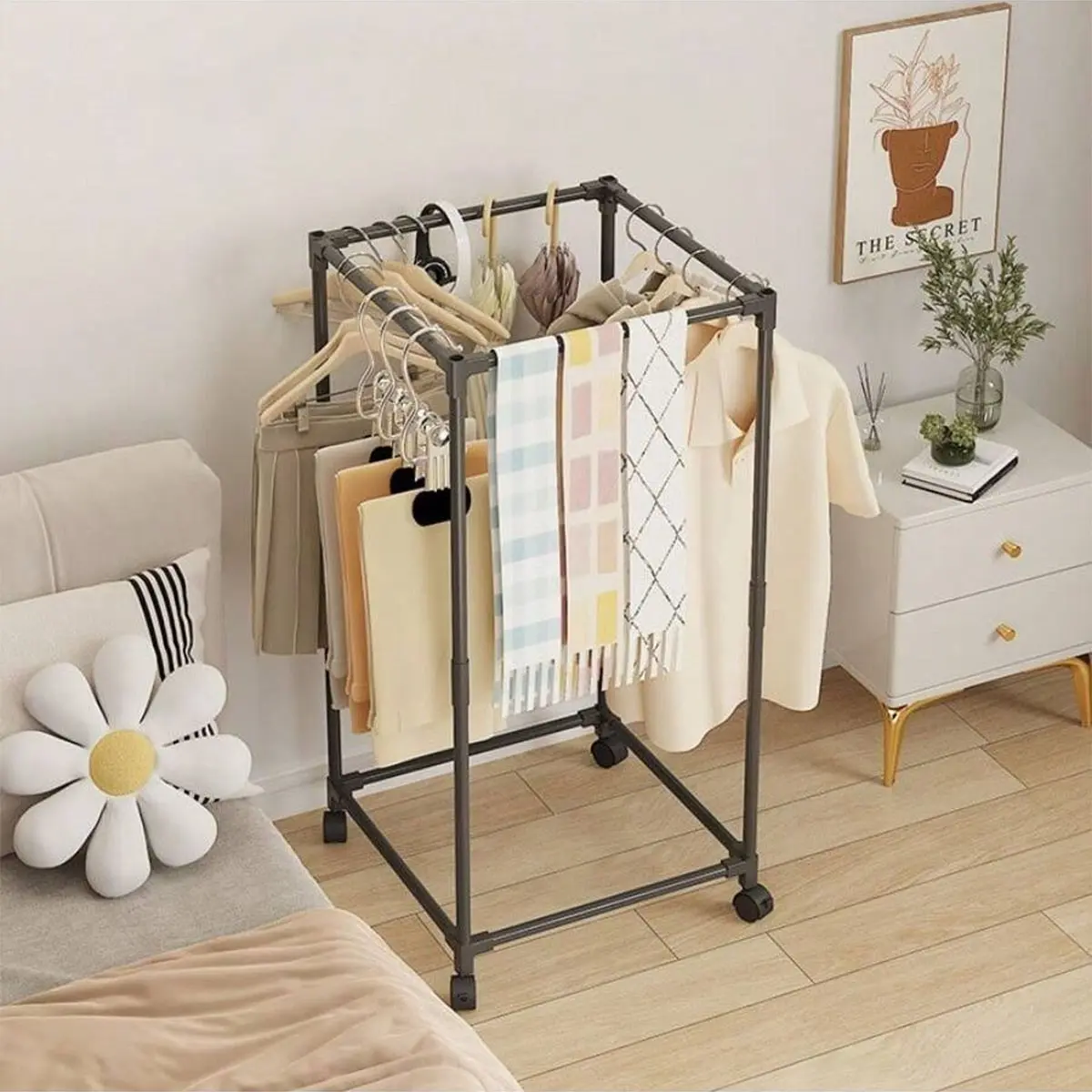 Rotatable Quadrilateral Mobile Clothes Rack, Floor-Standing Laundry Hanger for Bedroom, Home Use, Durable Design, Easy to Install, Laundry Drying Stand, Clothing Drying Rack