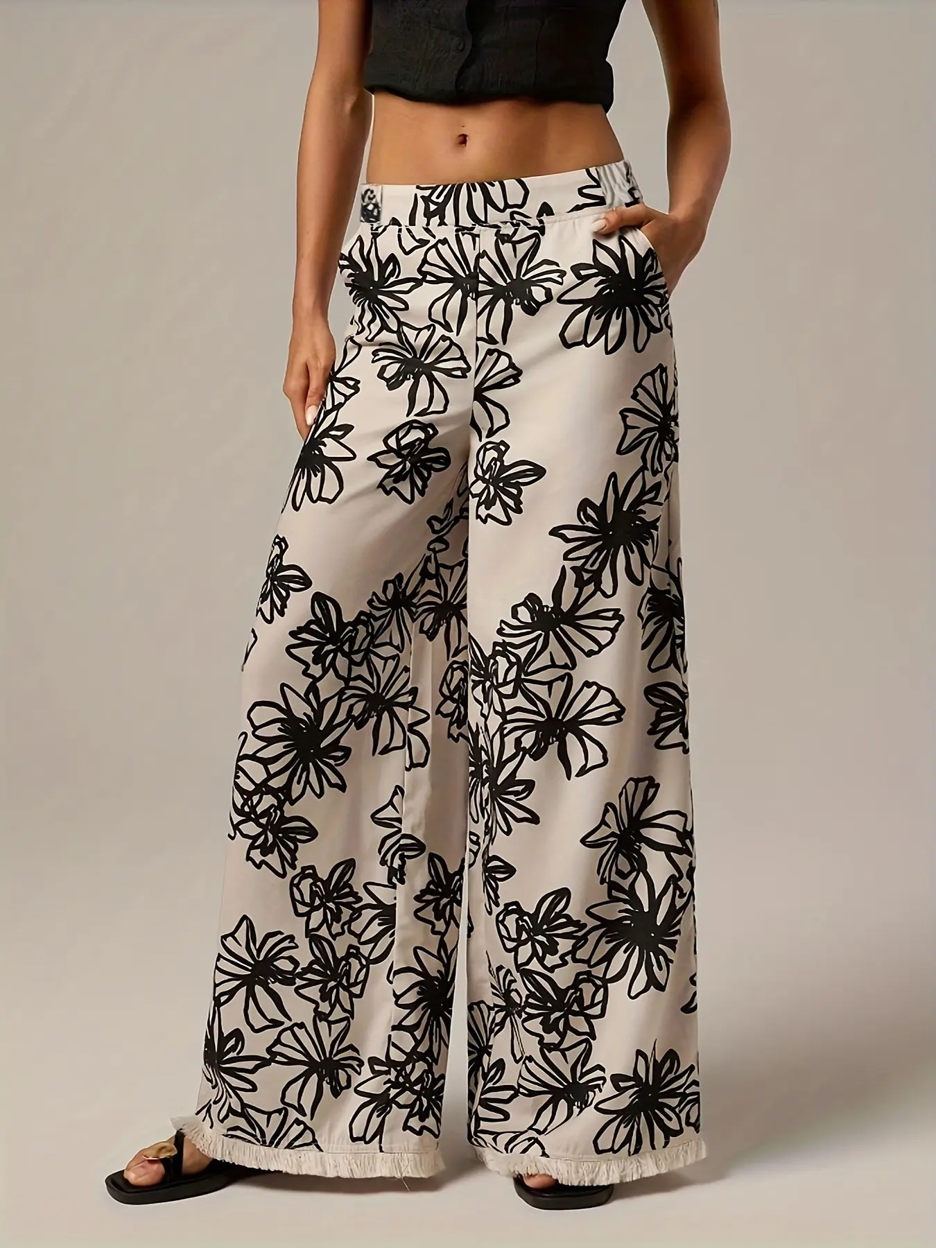 Elegant Wide Leg Pants for Women, Floral Print Design, Ankle Fringe Detail, High-Quality Material, Chic, Perfect for Daily Wear