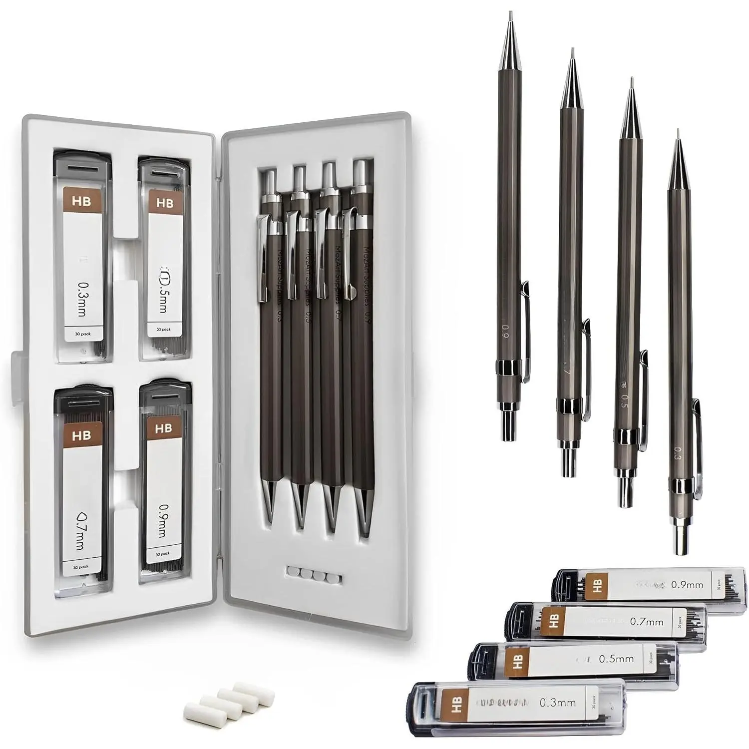 Mechanical Pencil Set 4 Sizes 0.3 0.5 0.7 0.9mm HB Lead Nickel| 30 HB Lead & Eraser Refills – Sketch, Drafting, Art & Drawing for Artists, Students & Architects – Nickel Metal Grip