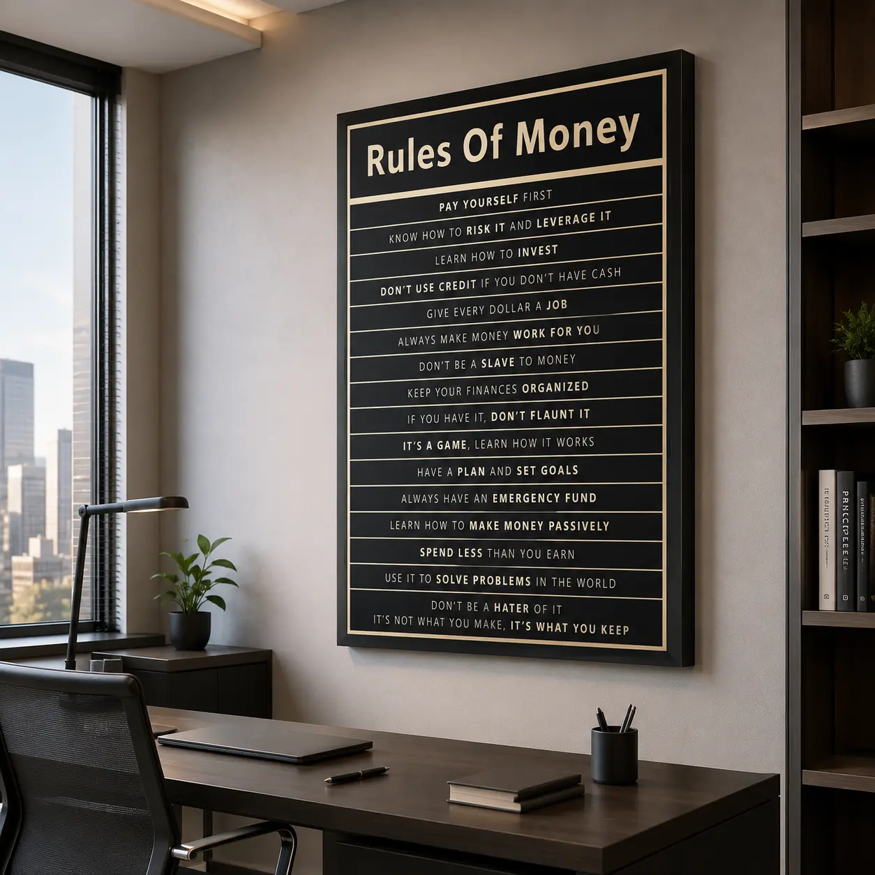 Investor Art Rules of Money Canvas Art, Living Room & Bedroom Wall Decor, Financial Motivation Poster, Black Gold Typography Canvas Print, Modern Office Decor for Entrepreneurs, Home Office & Bedroom, Wavelo Wall