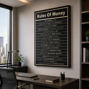 Investor Art Rules of Money Canvas Art, Living Room & Bedroom Wall Decor, Financial Motivation Poster, Black Gold Typography Canvas Print, Modern Office Decor for Entrepreneurs, Home Office & Bedroom, Wavelo Wall