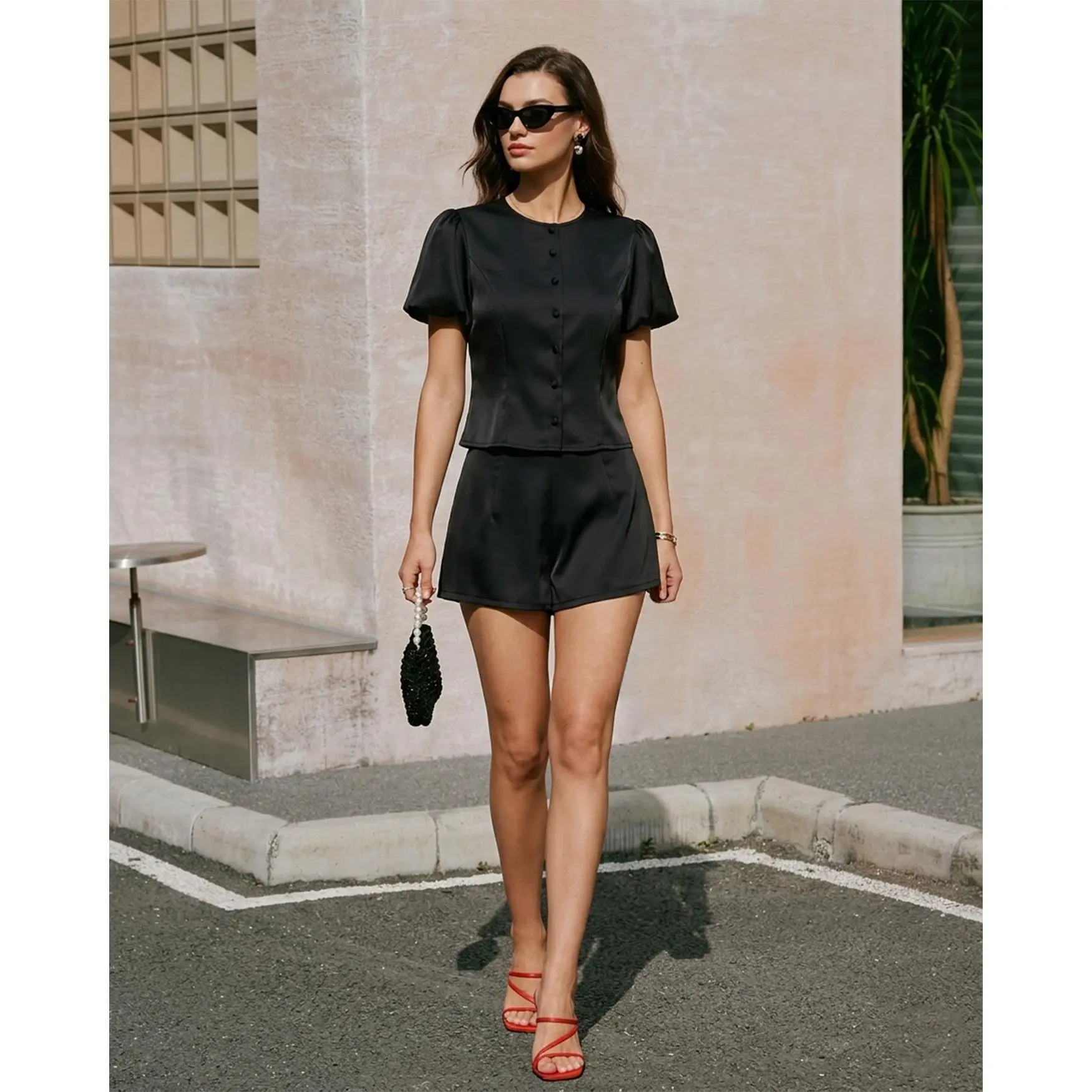 Black Natural Waisted Satin Shorts
