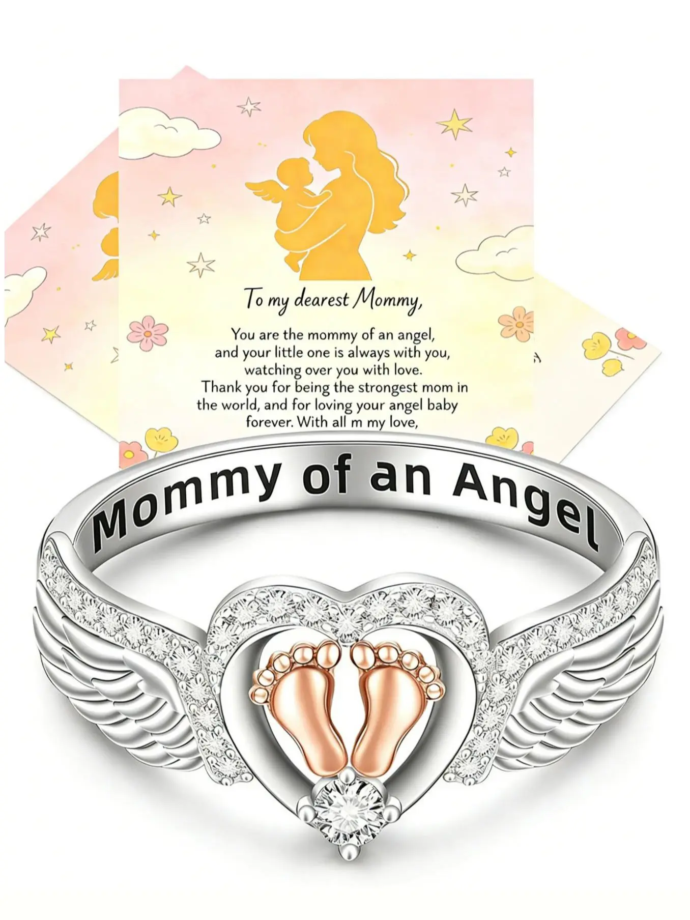 Miscarriage Memorial Ring, Angel Mommy Ring, Heart Pattern, Footprint Ring, Mother's Day Gift, Inspirational Jewelry, Stainless Steel Jewelry