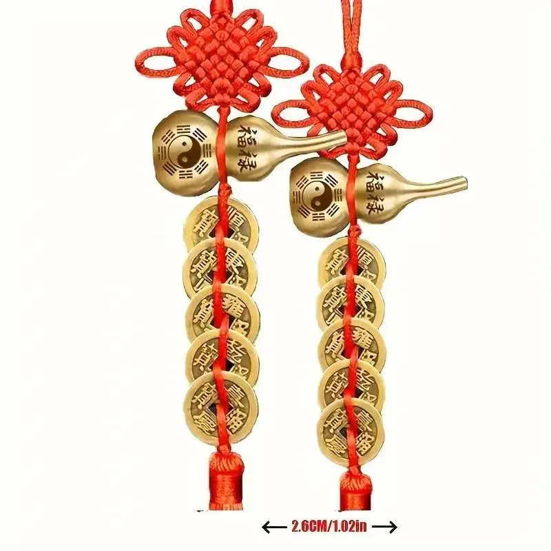 5-Emperor Coins Feng Shui Ornaments Set, All-Metal Brass Gourd, Wealth & Protection Amulet, Home Decor, Car Accessory, Strong Hooks, Vermilion Powder, Beads