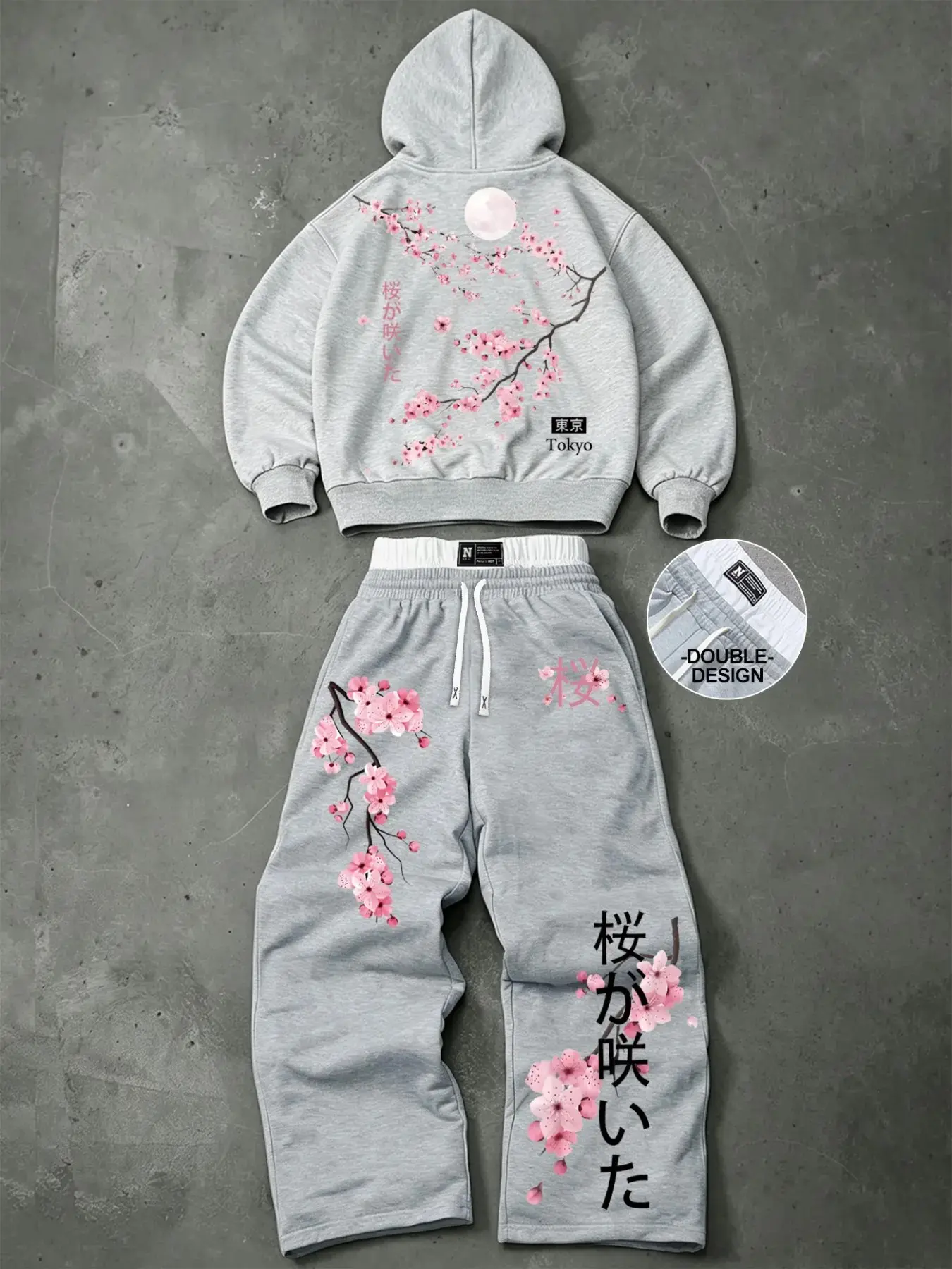 Men's Tokyo Cherry Blossom Hoodie Set, Loose-Fit Oversize Streetwear, Casual Spring Fall Winter, Unisex Daily Wear