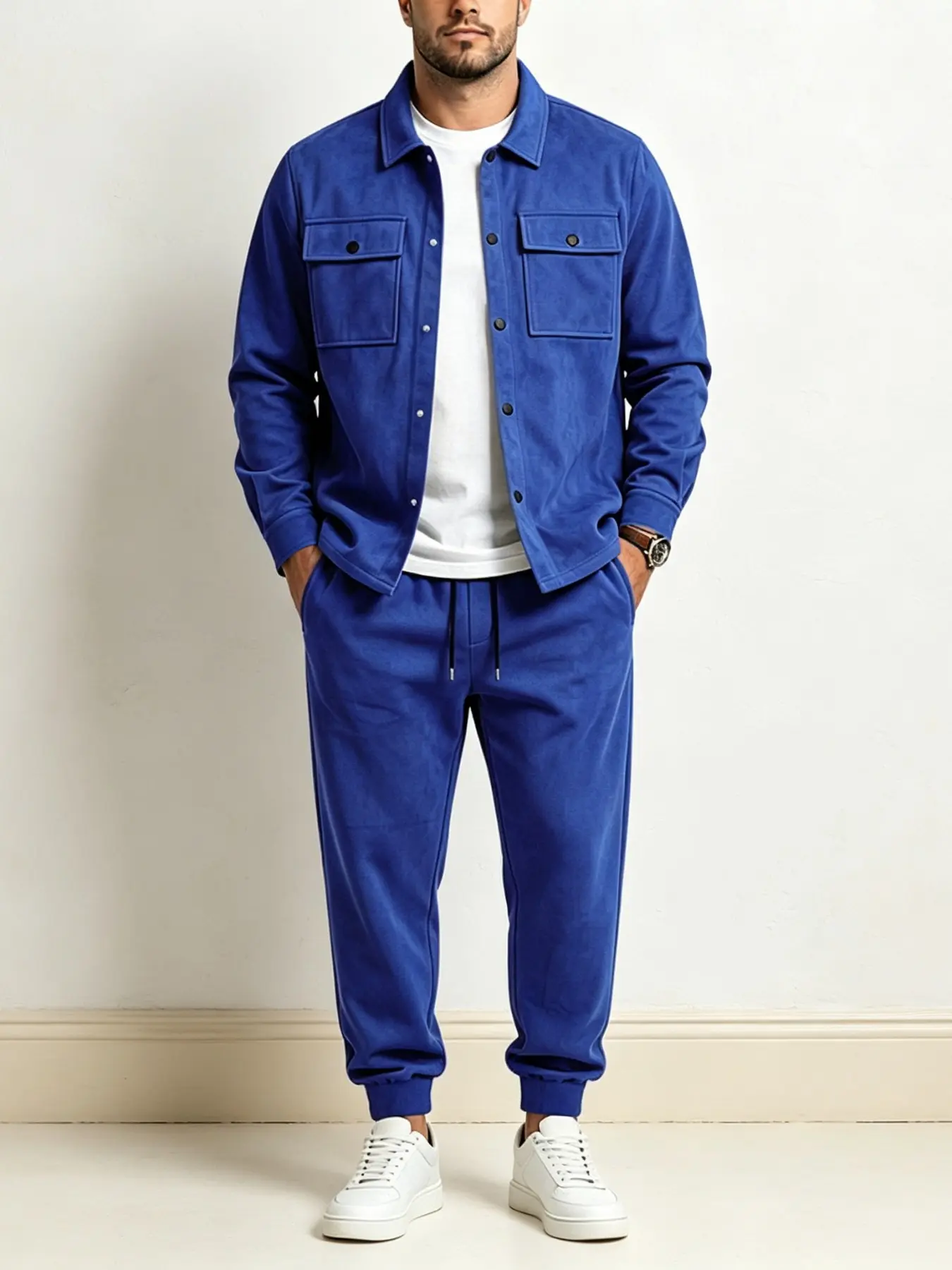 Men's Multi-Pocket Faux Suede 2-Piece Casual Matching Tracksuit, Multi-Flap Pocket Shirt Jacket & Elastic Drawstring Cuffed Jogger Sweatpants, Soft Vintage Loose Daily Business Casual Outfit, Multiple Colors & Plus Sizes In Stock S-3XL