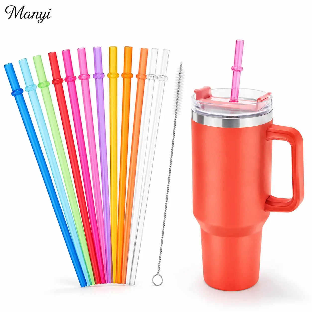 Reusable Plastic Straws with Cleaning Brush, Colorful Replacement Straws for 30oz 40oz Tumblers, Long Hard Plastic Drinking Straws for Iced Coffee, Water Cups, Smoothies, Lemonade and Cold Drinks, Drink Accessories