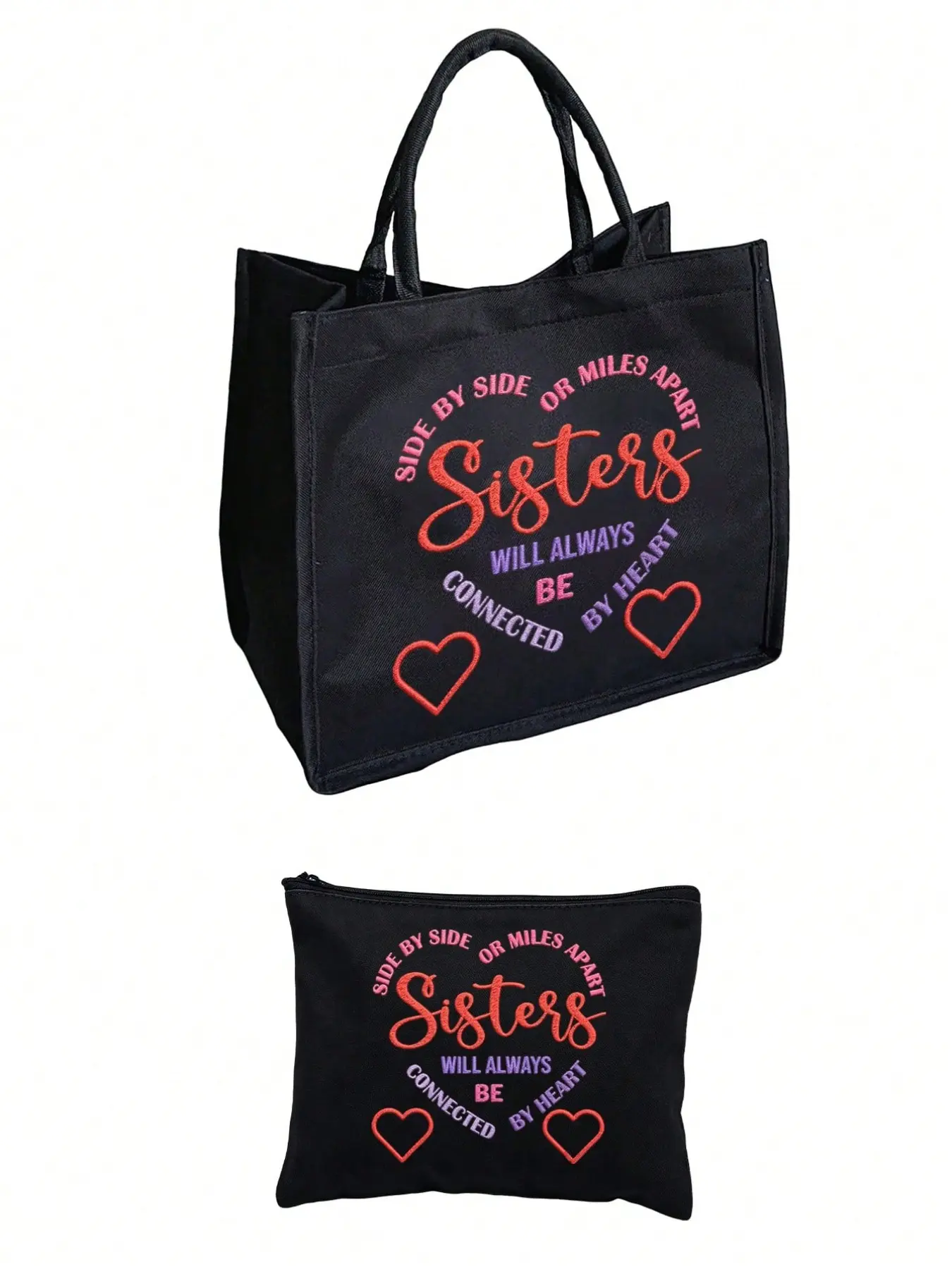 "i Love You Sister" Linen Tote Bag, Heart Floral Print, Foldable, Zippered Pouch, Gift for Sisters & Friends, Fashion Shopping Bag