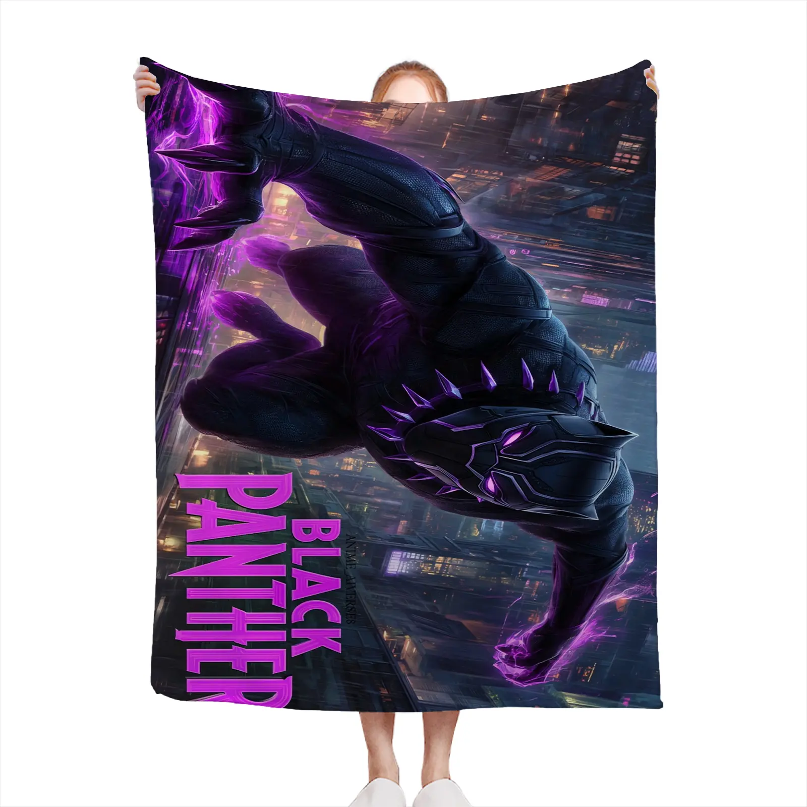 Soft Cozy Throw Blanket Polyester Black Panther Purple Cityscape Print Digital Design For Living Room Bedroom Winter Gif Black--13
