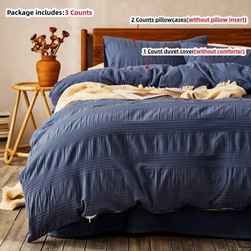 3pcs seersucker Bedding Set, Includes 1duvet Cover + 2pillowcases,without comforter and pillow insert, 100% Polyester, for Single Twin Double Queen king Size bed