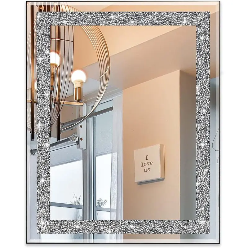 Rectangular Crushed Crystal Wall Mirror 20 x 16 Inch Tempered Glass Decorative Mirror for Bathroom Bedroom Living Room Entryway Modern Glam Home Decor