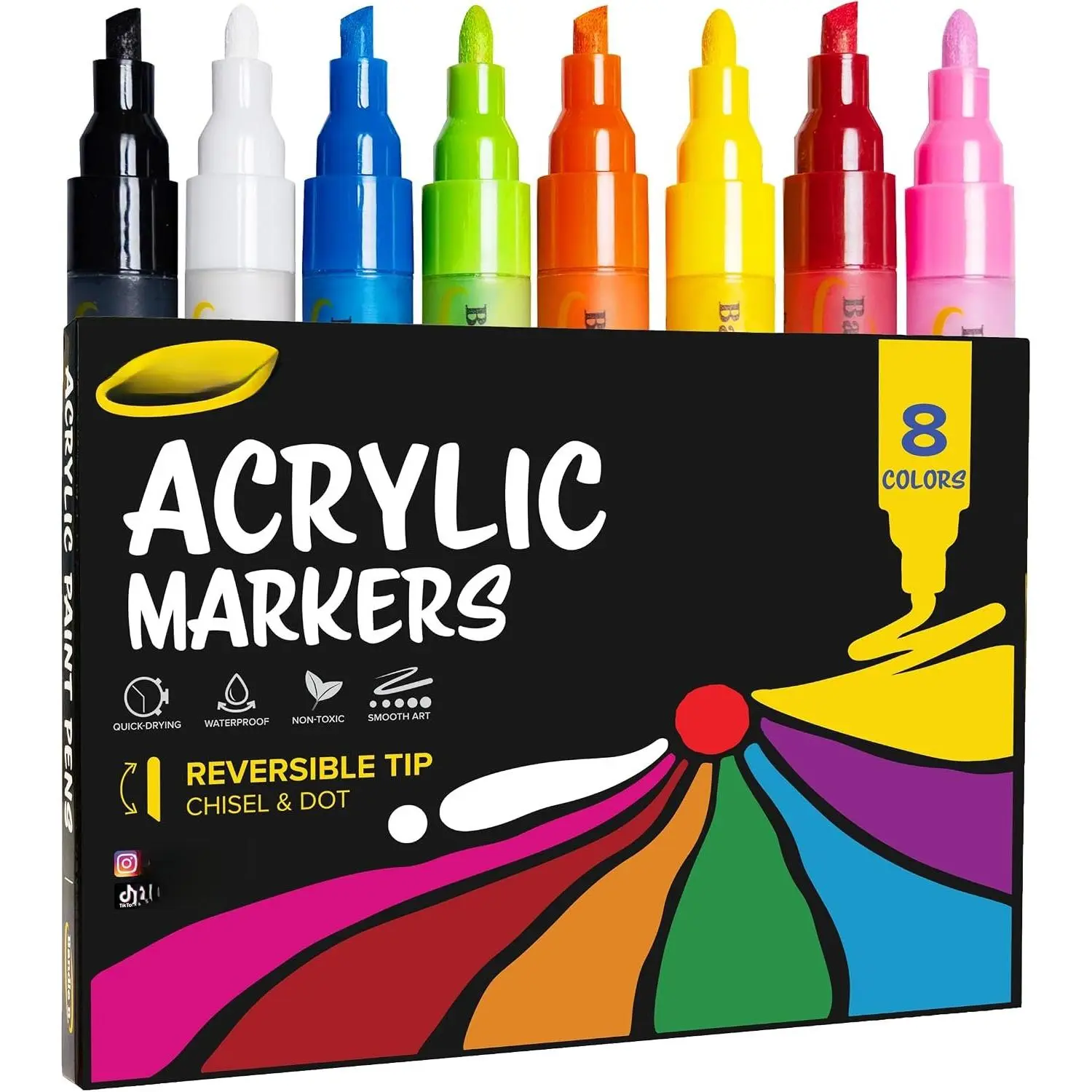 Markers – Set of 8  Pens for Art, Fabric, Coloring, and Journaling–Quick-Drying, , , Reversible Chisel-Dot Tip
