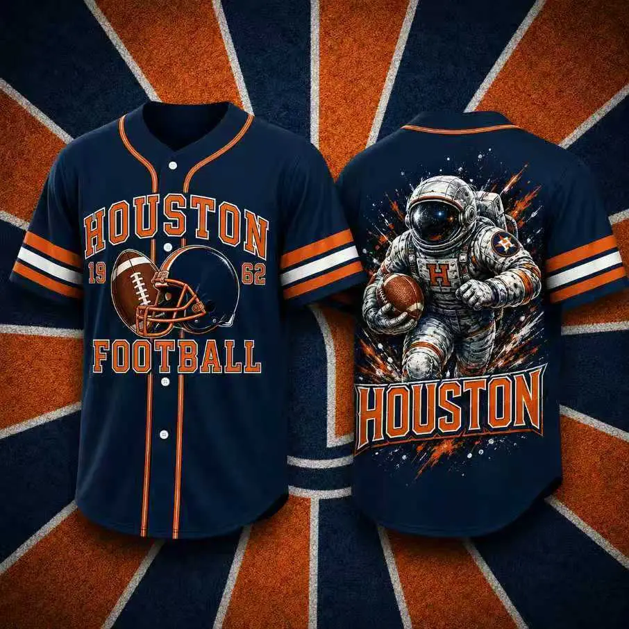 Unisex Houston Short Sleeve Button-Down Football Jersey - Men's/Women's Navy-Orange Fan Outfit with Astronaut Print & Helmet Art for Game Day Wear, Streetwear