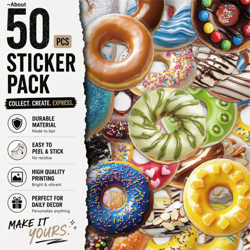 50PCS Donut Aesthetic Vinyl Stickers Pack for Laptop Water Bottle Phone Case Skateboard Journal Scrapbook DIY Decoration