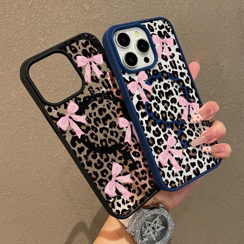 Leopard Print Bow Pattern Premium Magnetic Phone Cases for iPhone 16 15 14 Pro Max 13 12 11 Plus Smartphone Shockproof Protection Acrylic Cover Cellphone Protective magsafe magnetic case Aesthetic Resistance Casing Protector.QXE719