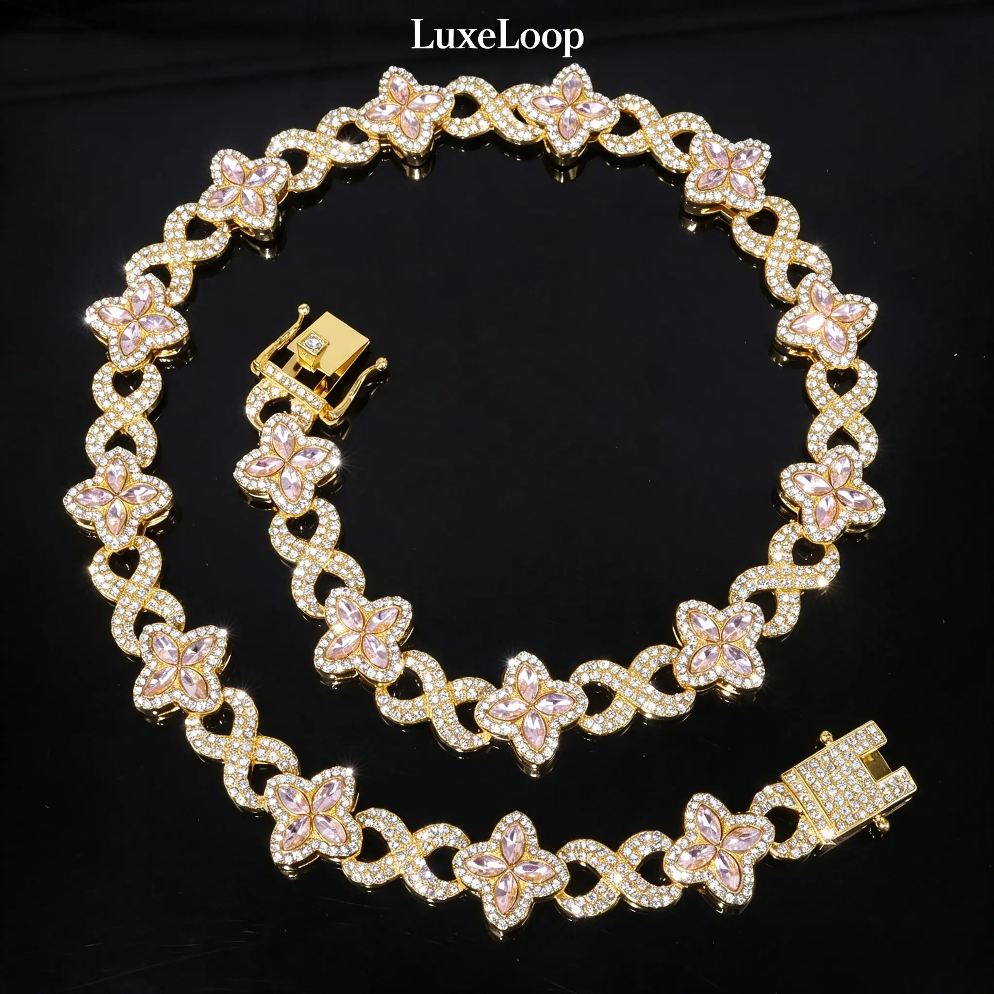 LuxeLoop 4-Leaf Clover Cubic Zirconia Figaro Link Jewelry Set - Multicolor Iced-Out Non-Natural Crystal, Gold-Silver-Black Plated Minimal Luxury Stackable Layering Necklace & Bracelet for Women