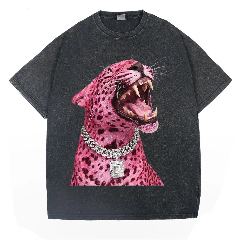 Women's Washed Graphic Tops with Roaring Cheetah Print, Diamond Embellished Short-Sleeve T-Shirt,back to school,back to school shopping, Casual Comfy Tee, Preppy