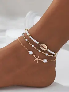 Women's Boho Style Starfish & Shell Decor Anklet, Fashionable Beaded Anklet for Beach Party Vacation, Elegant All-match Fashion Accessories for Daily Wear, Trendy Jewellery Accessories, Trendy Jewelry