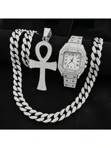 Trendy Punk Bling Diamond Watch Accessory Set for Men Women, Full Iced Analog Quartz Movement Calendar Watch, Adjustable 18K Vacuum Plated Copper Miami Cuban Link Bracelet & Ankh Cross Pendant Necklace, 4 In 1 Unisex Hip Hop European American Style Jewelr