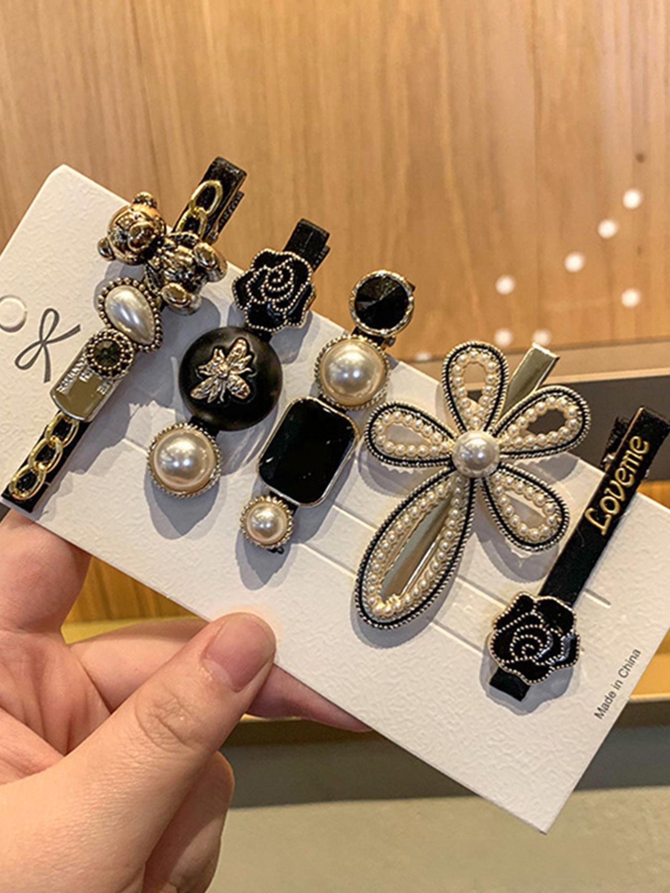 Faux Pearl and Feather Hair Clips Set for Women and Girls, Cute Bear Flower Scissors Design, Side Bang Fixed Hair Clips, Elegant and Fashionable Versatile Hair Accessories for Daily