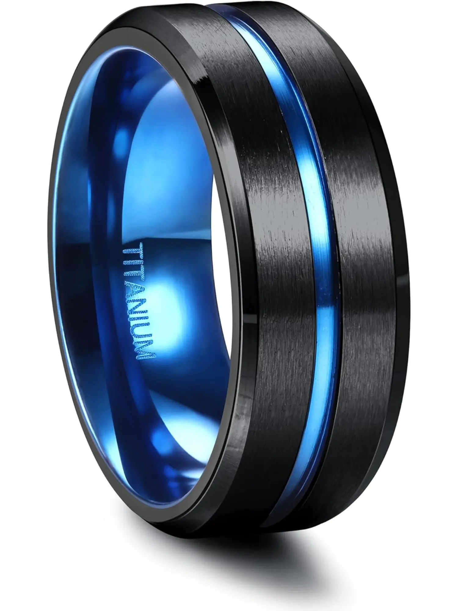 G23 Titanium Ring for Men 8MM, Black Blue Centre Groove, Engagement Wedding Promise
