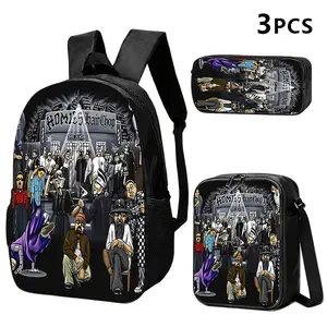3pcs Black Backpack, Shoulder Bag&pouch with 'HOMIE PARK CLUB' Street Art Print; Dark Punk Style, Ideal for Fashion-forward Adults in Daily Use or Travel.Ing, Multiple Sizes Available.