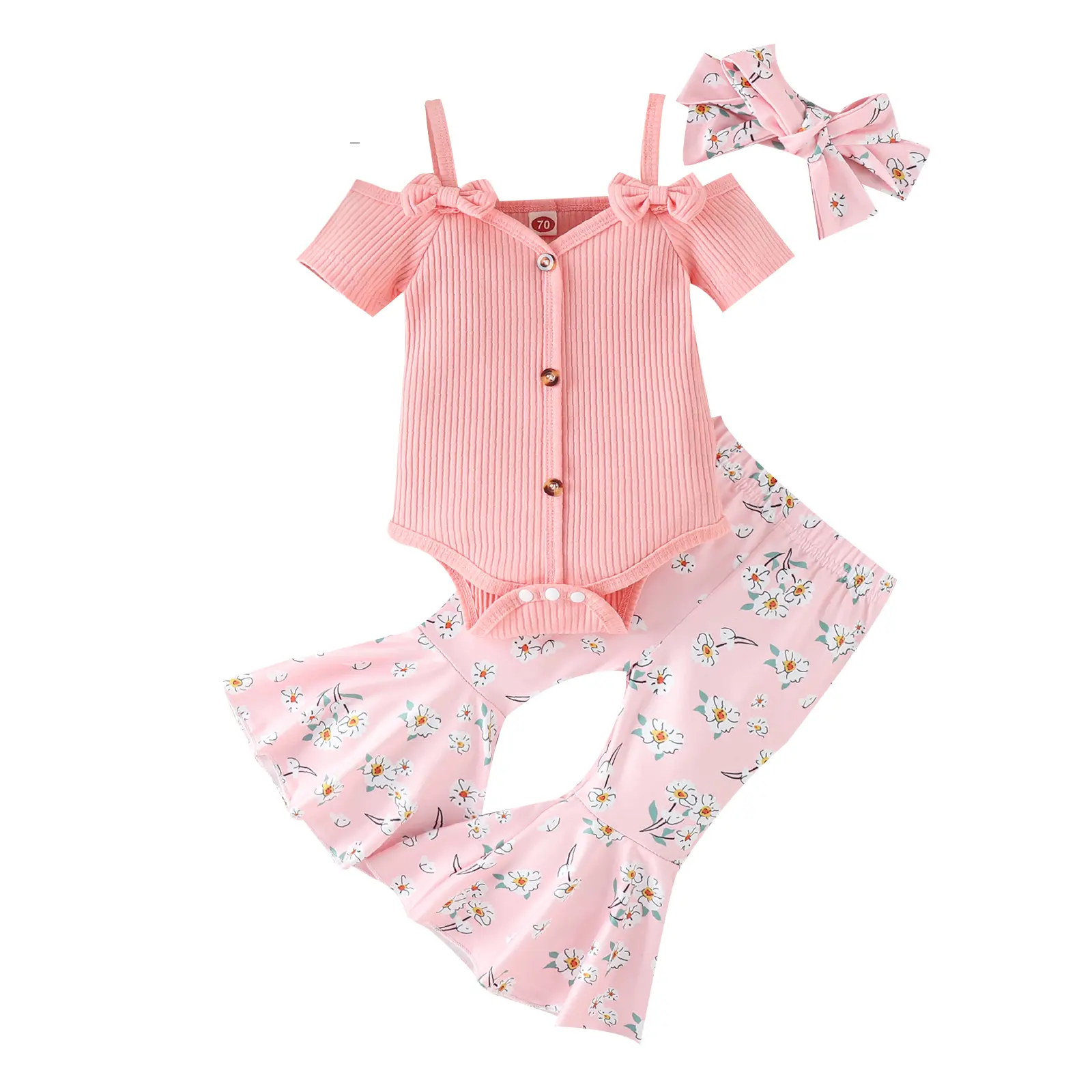 3-Piece Baby Girl Outfit Set, Sweet Cold Shoulders Romper, Flared Pants and Headband, Cotton Blend Spring Clothes, Polyester
