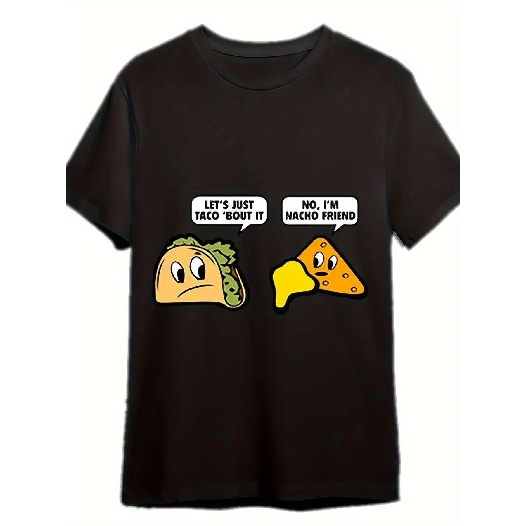 Men's Funny Mexican Food Pun T-Shirt - "Let's Just Taco 'Bout It" & "I'm Nacho Friend" Retro Taco & Nacho Graphic Tee, Soft Black Crew Neck Short Sleeve Shirt Suitable for Taco Tuesday, Cinco De Mayo Gifts, Casual Humorous Apparel