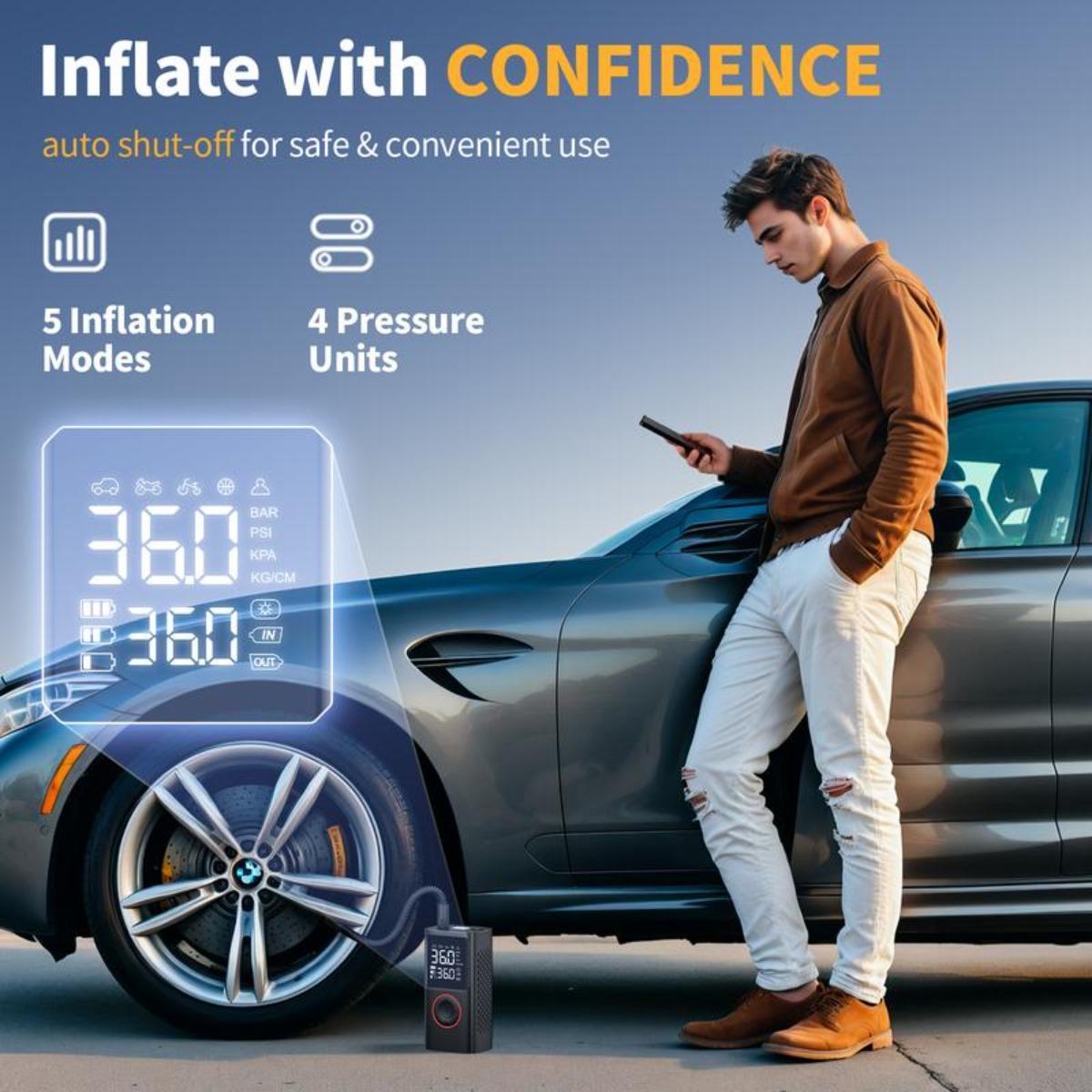 Cordless Tire Inflator Portable Air Compressor with Large Capacity Battery Wireless Digital Display Enhanced Safety Features for Cars & Inflatables Reusable