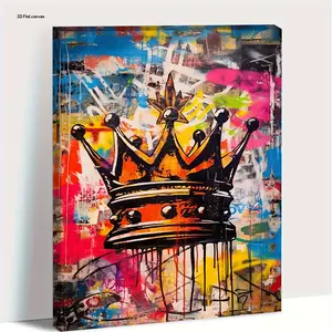 2D Flat, 1pc Modern Abstract Crown Wall Art Framed Canvas - Multicolor Crown Design Wood Frame Suitable for Bedroom, Office, Decor, Contemporary Multicolor Hook-Mounted Decoration, Bathroom, - Wrapped Canvas Panel, 2D Flat