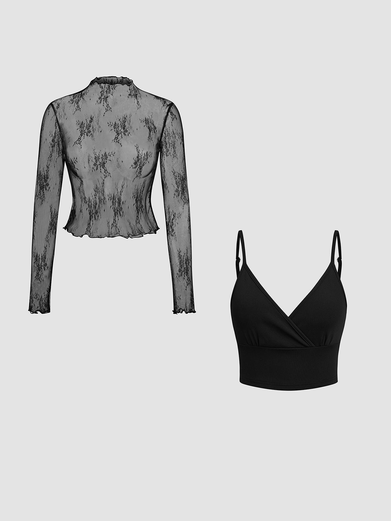 Women's Floral Lace Sheer Mock Neck Top & Solid Color Cami Top, Elegant Fashion Casual Two-piece Outfits for Daily Outdoor Wear, Ladies Clothes for All Seasons