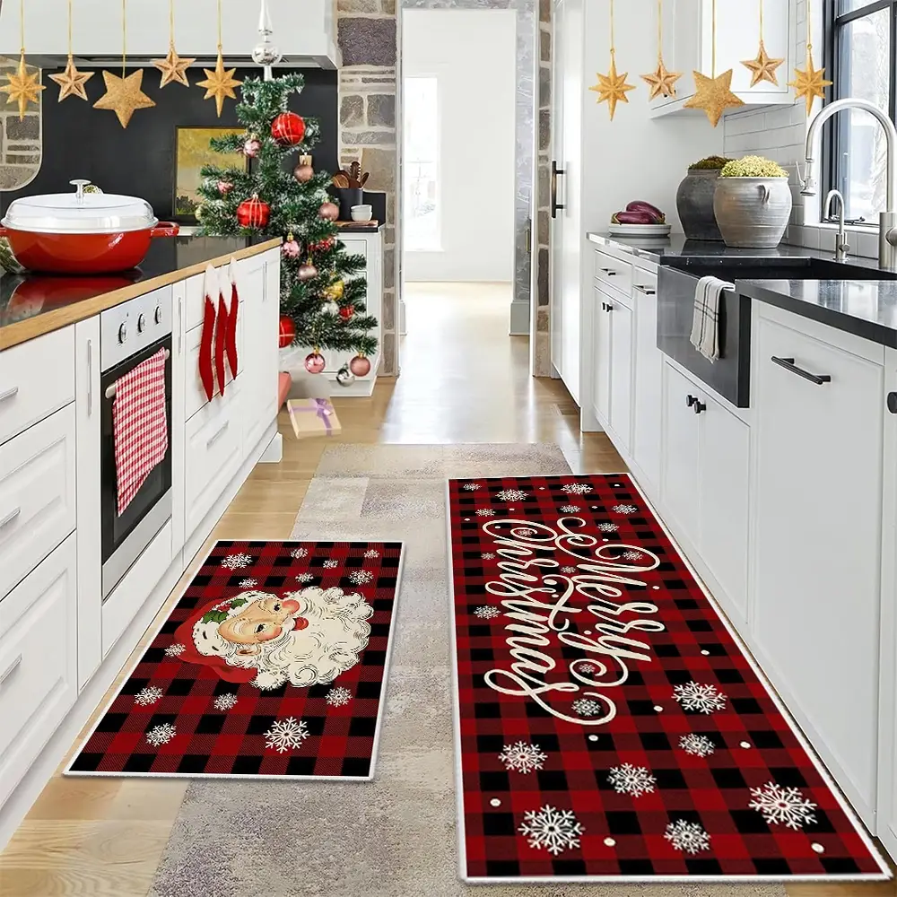 2 Counts Christmas Tree Pattern Kitchen Mats Set, Non-Slip Soft Low Height Rugs, Winter Home Decor, Holiday Cooking & Celebration Supplies
