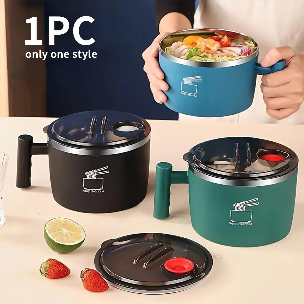 304 Stainless Steel Insulated Bowl, Convenient Noodle Bowl with Lid, Portable Ramen Bowl, Kitchen Serving Bowl, Multi-Functional Lunch Box, Stainless Steel Container