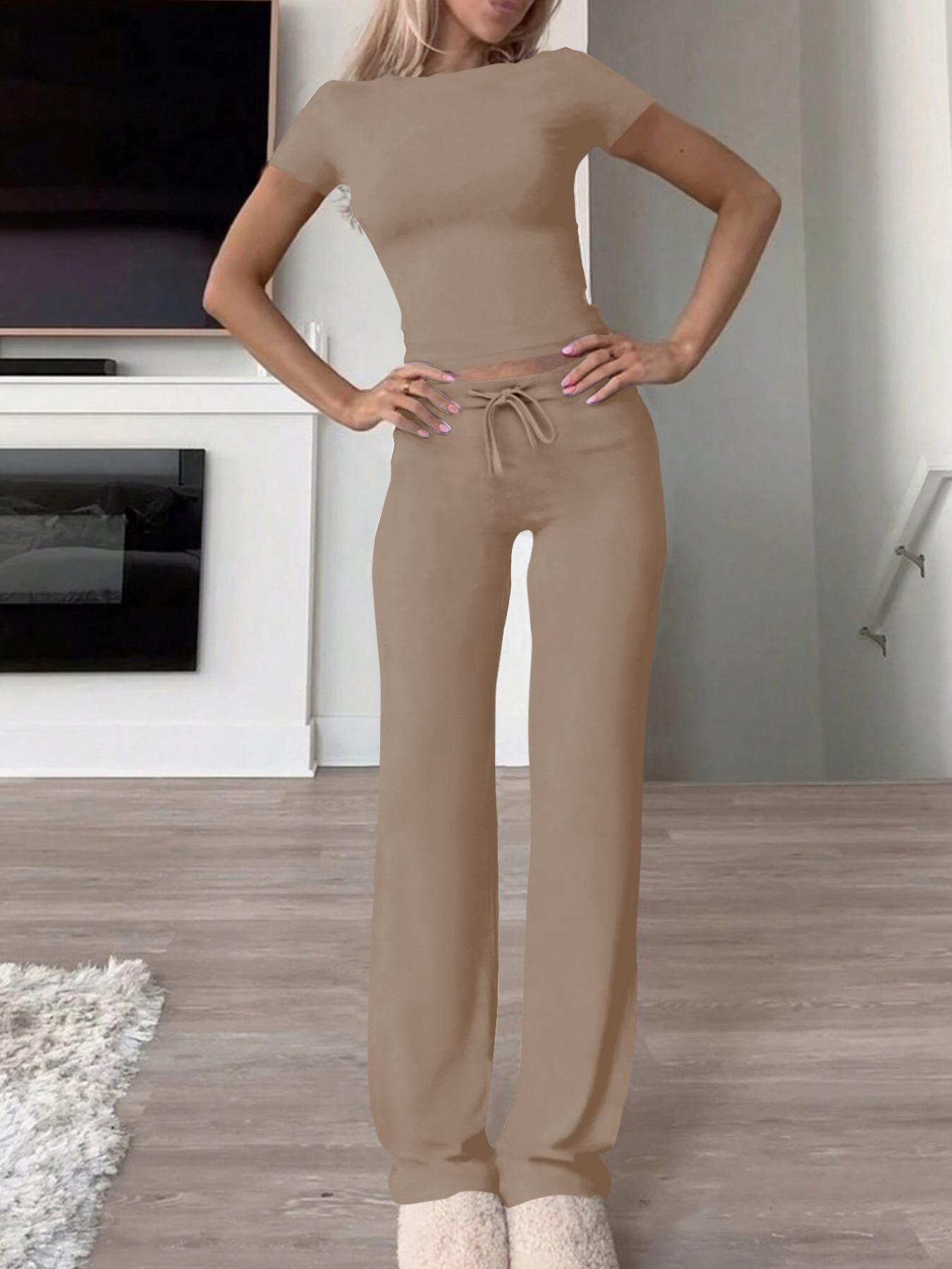 Women's Solid Modal Loungewear Two-Piece Pajama Set, Casual Comfy Soft Round Neck Short Sleeve Tee & Drawstring Pants Set, Ladies Sleepwear for Spring & Fall Women's Solid Modal Loungewear Two-Piece Pajama Set, Casual Comfy Soft Round Neck Short Sleeve Tee & Drawstring Pants Set, Ladies Sleepwear for Spring & Fall
