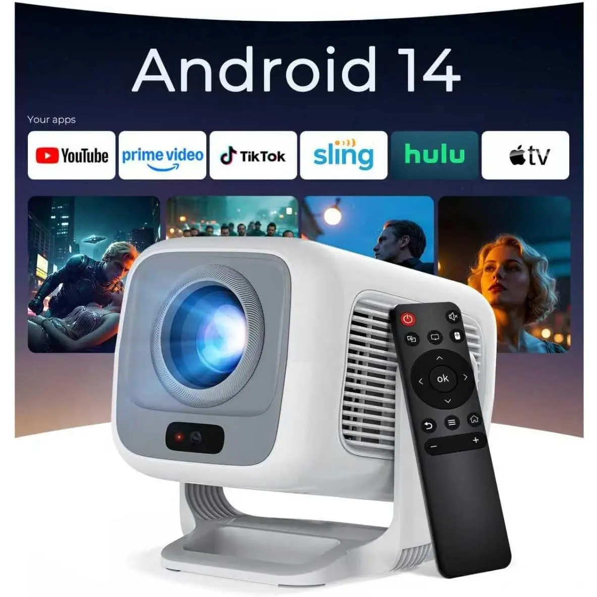Portable Mini High Definition Full HD Projector with WiFi 6, Android System, Remote Control, 600 ANSI Lumens, 1080P Resolution, Auto Focus, 270-Degree Rotatable, Premium Audio for Bedroom Theater, Outdoor Movie (White&Gray), Projector Setup, High Definiti