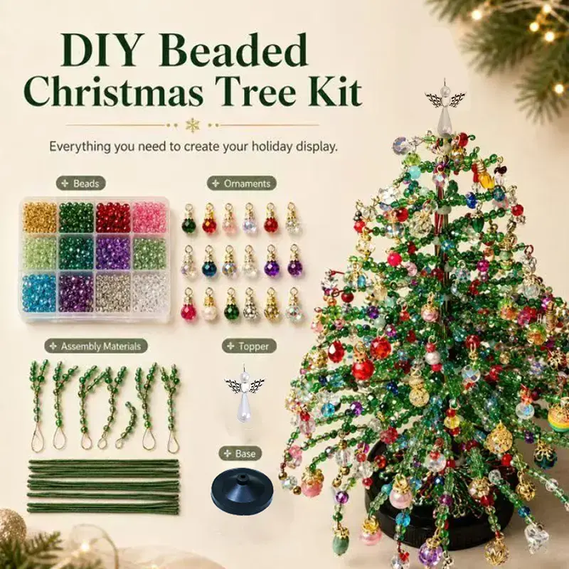 DIY Beaded Christmas Tree Kit, HandMade Mini Crystal Bead Xmas Tree Craft Set, Complete Christmas Decoration Making Supplies with Beads, Angel Tree Topper, Base & Accessories, Tabletop Holiday Ornament, Fun DIY Project, Ideal Christmas Gift for Kids &