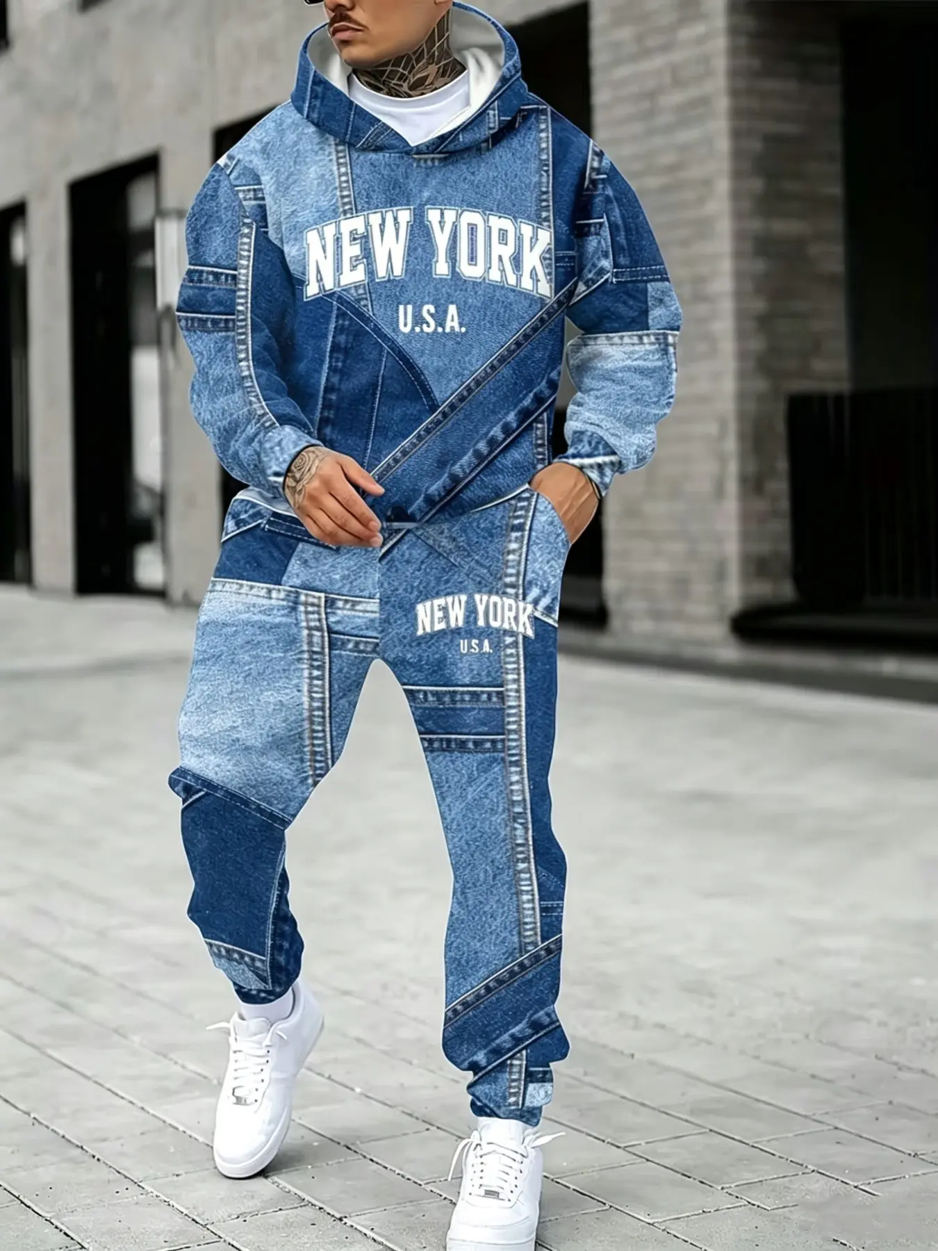 Men's Denim Patchwork Printed Hoodie Set, New York Letter Pattern Hoodie + Casual Long Pants, Streetwear for All Seasons