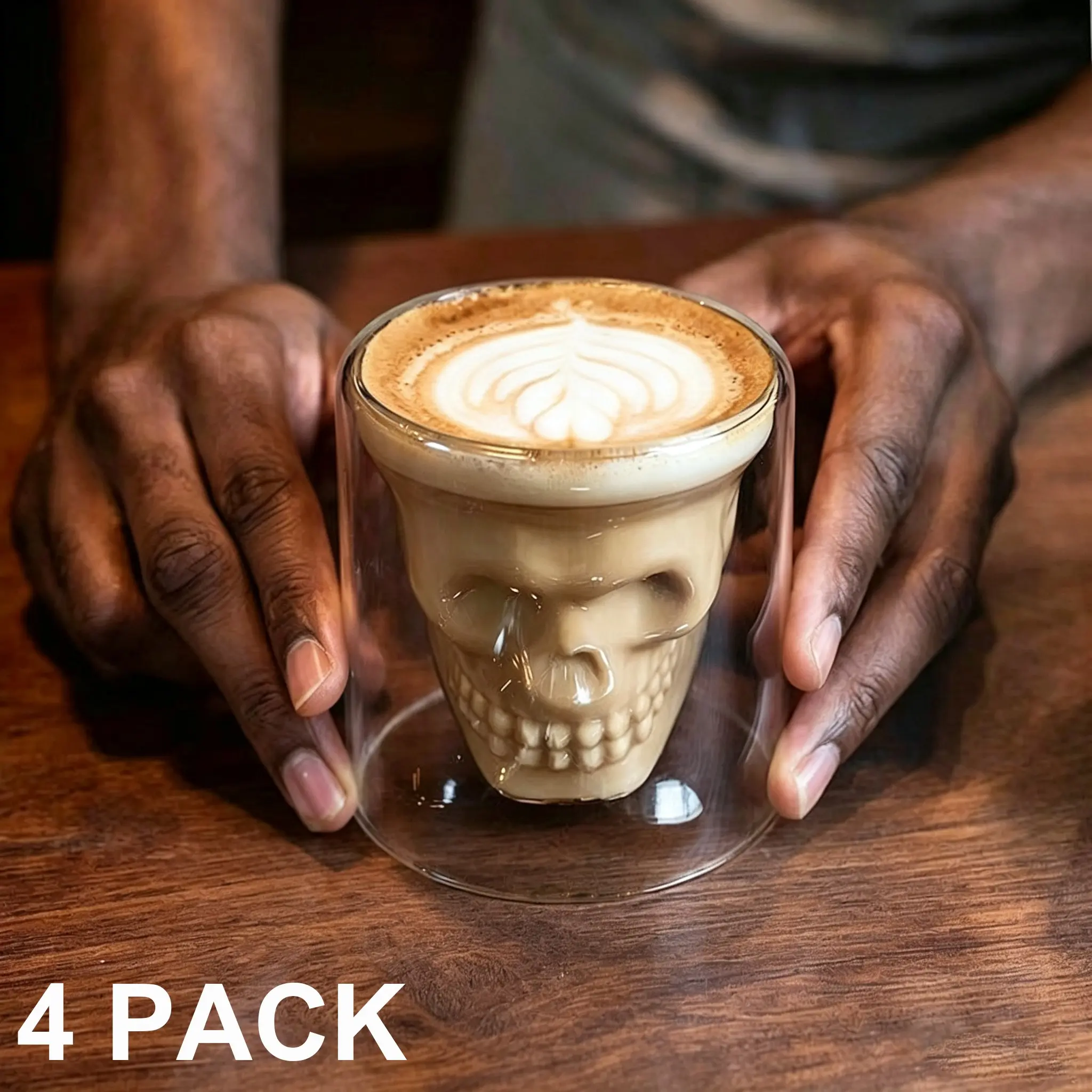 4 Pack Double Wall Skull Glass Coffee Cups, Crystal Skull Shot glass, Insulated Borosilicate Glass Skeleton Mugs with 3D Skull Shape, Heat Resistant Clear Skull Cups for Latte Espresso Whiskey, Halloween Day of the Dead Gothic Bar Decor Unique Gift