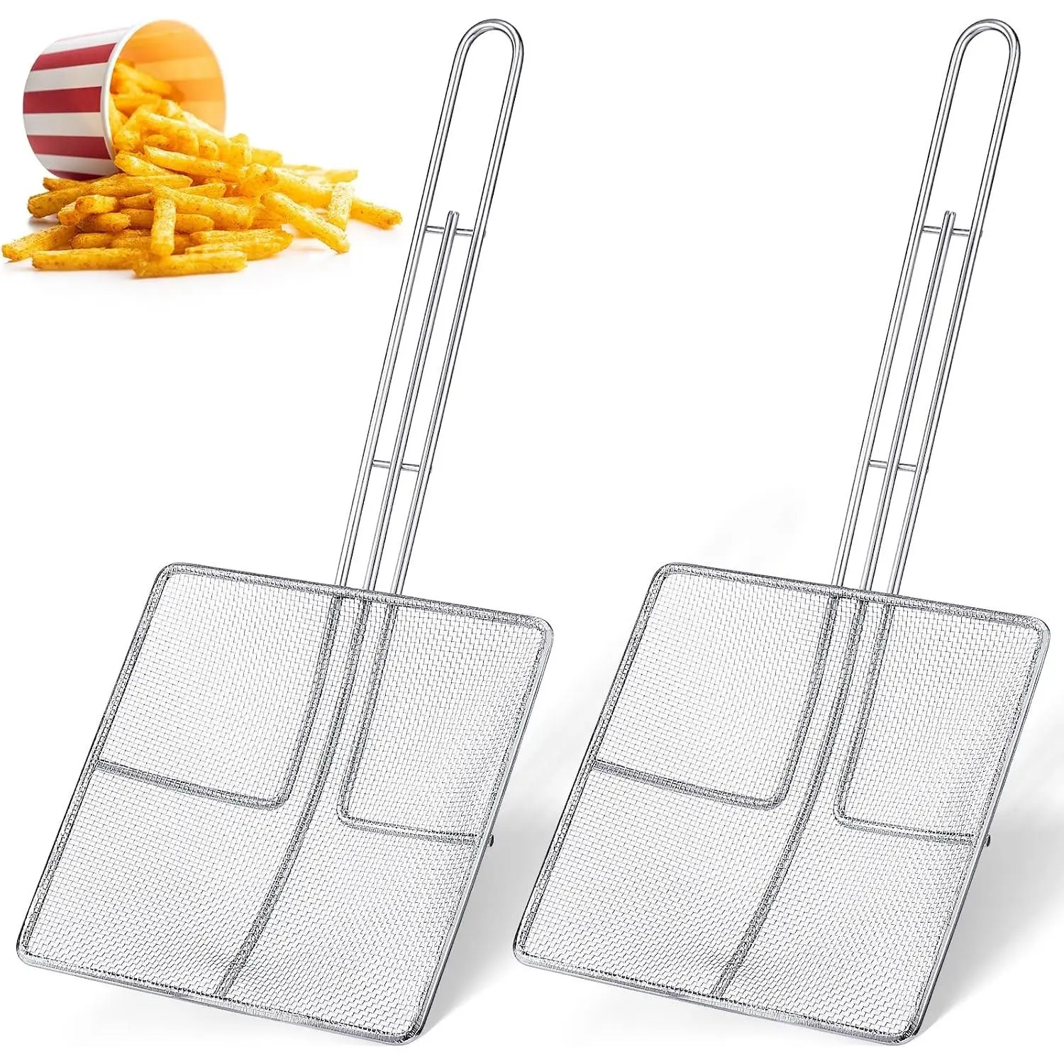 2 Pcs 6.7 x 6.7 Inch Square Fine Mesh Spider Strainer Oil Skimmer, Stainless Steel Long Handle Frying Scoop for Deep Fryer Kitchen Fried Food Swimming Pools