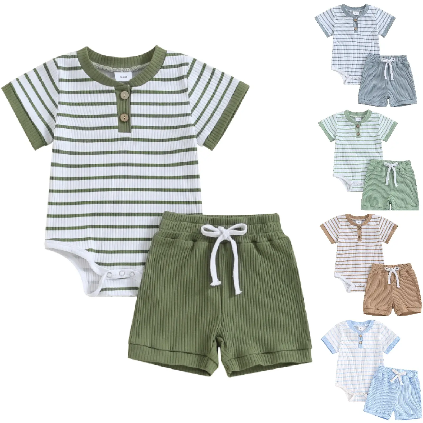 Newborn Baby Boy Girl Clothes Set Ribbed Short Sleeve Striped Romper Shorts Set Infant Summer Outfits Gifts Gift Sets