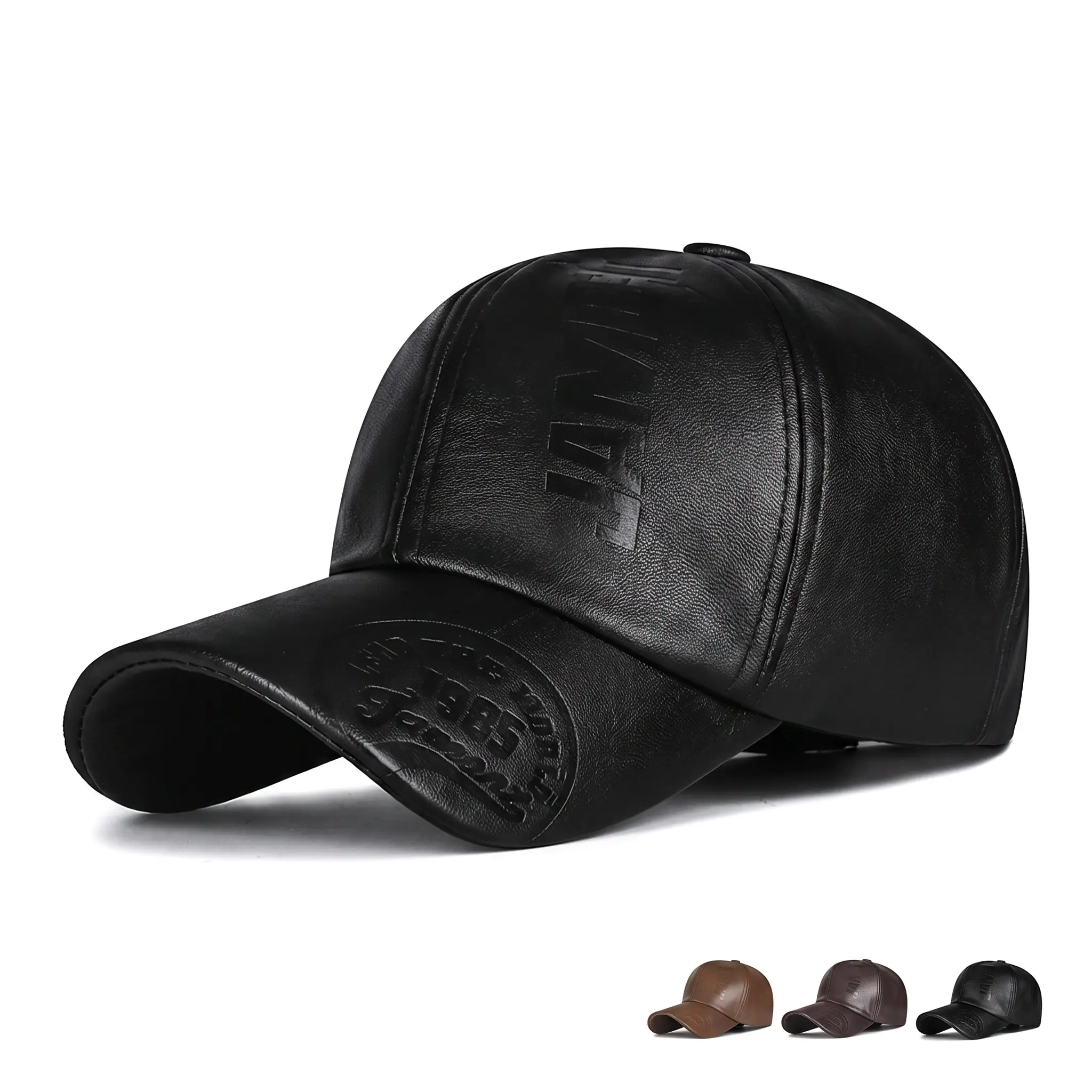 Men's Unisex Fit Embossed PU Leather Baseball Cap - Adjustable Size, Casual Wear, Embossed Logo, Plain Surface, Vintage Style, Warm Sun Protection for Spring Autumn Winter Daily Wear
