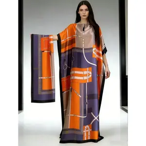 Luxury Printed Kaftan Dress Set – 1 Dress + 1 Scarf, Designer Maxi Caftan Beach Cover Up & Resort Wear for Women