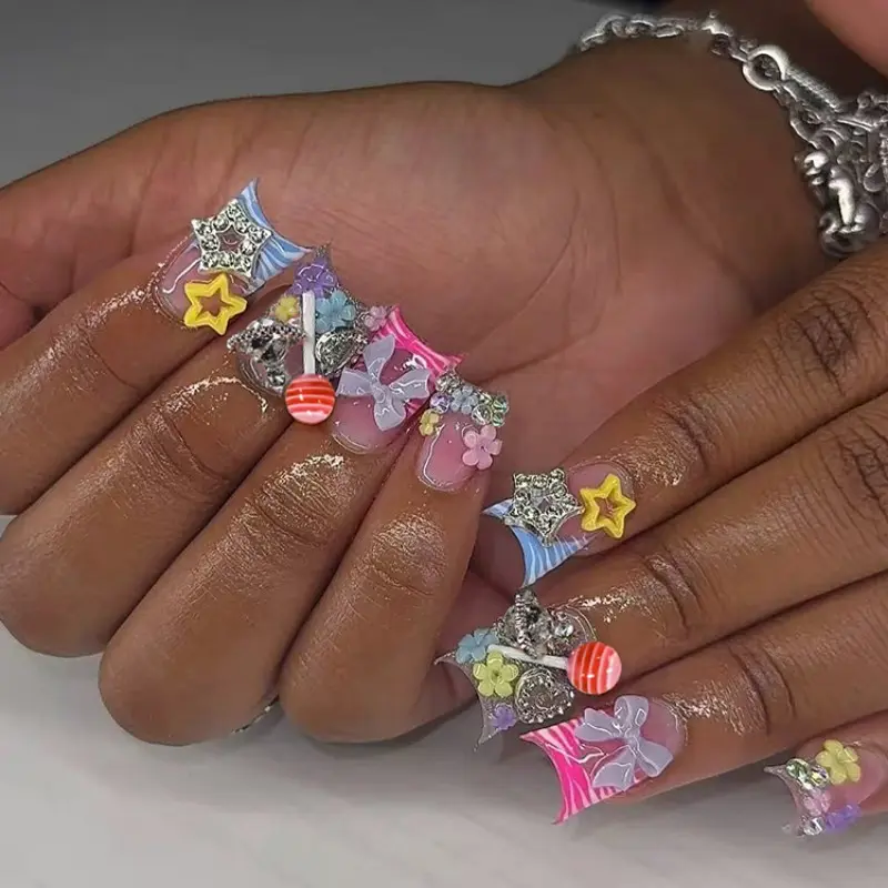 24pcs Fake Nails Set, Multicolor Zebra French, 3D Butterfly, Planet, Lollipop, Rhinestone Press-On Nails, Decorative Nails, Perfect for Parties and Daily Wear