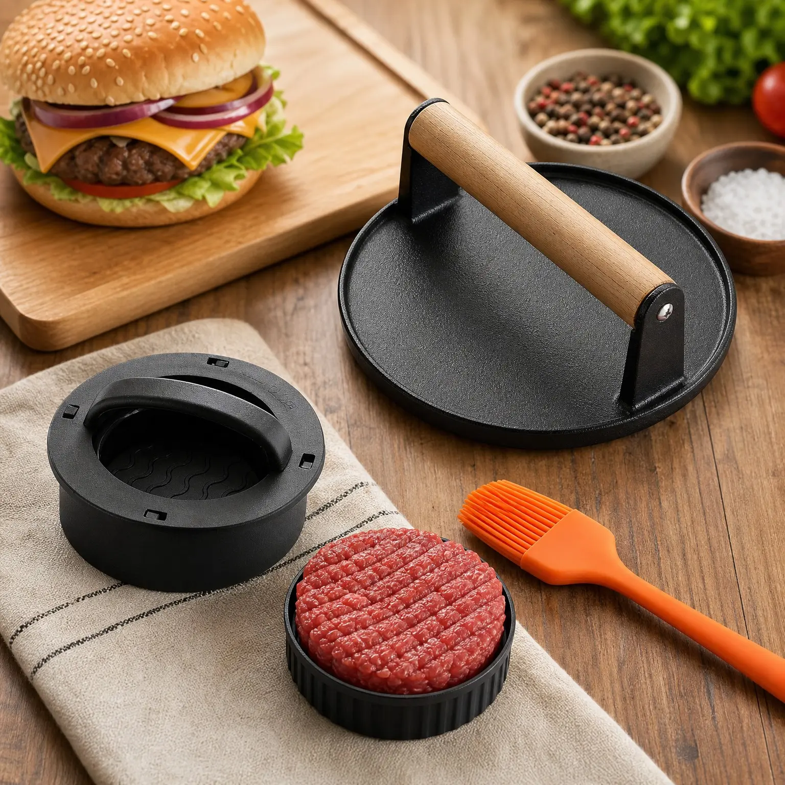 4-in-1 Smash Burger Press Kit with Hamburger Patty Storage Containers, 6.69" Cast Iron Non-Stick Bacon Press for Grill & Griddle Cooking, Black RoundGift