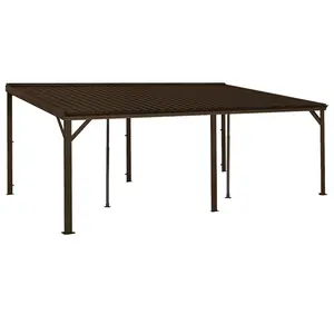 12x20FT Lean to Gazebo, Outdoor Hardtop Wall Mounted Gazebo with Sloping Galvanized Steel Roof, Upgraded Heavy Duty Mounted Shelter with Drainage System for Deck, Porch, Backyard,Brown