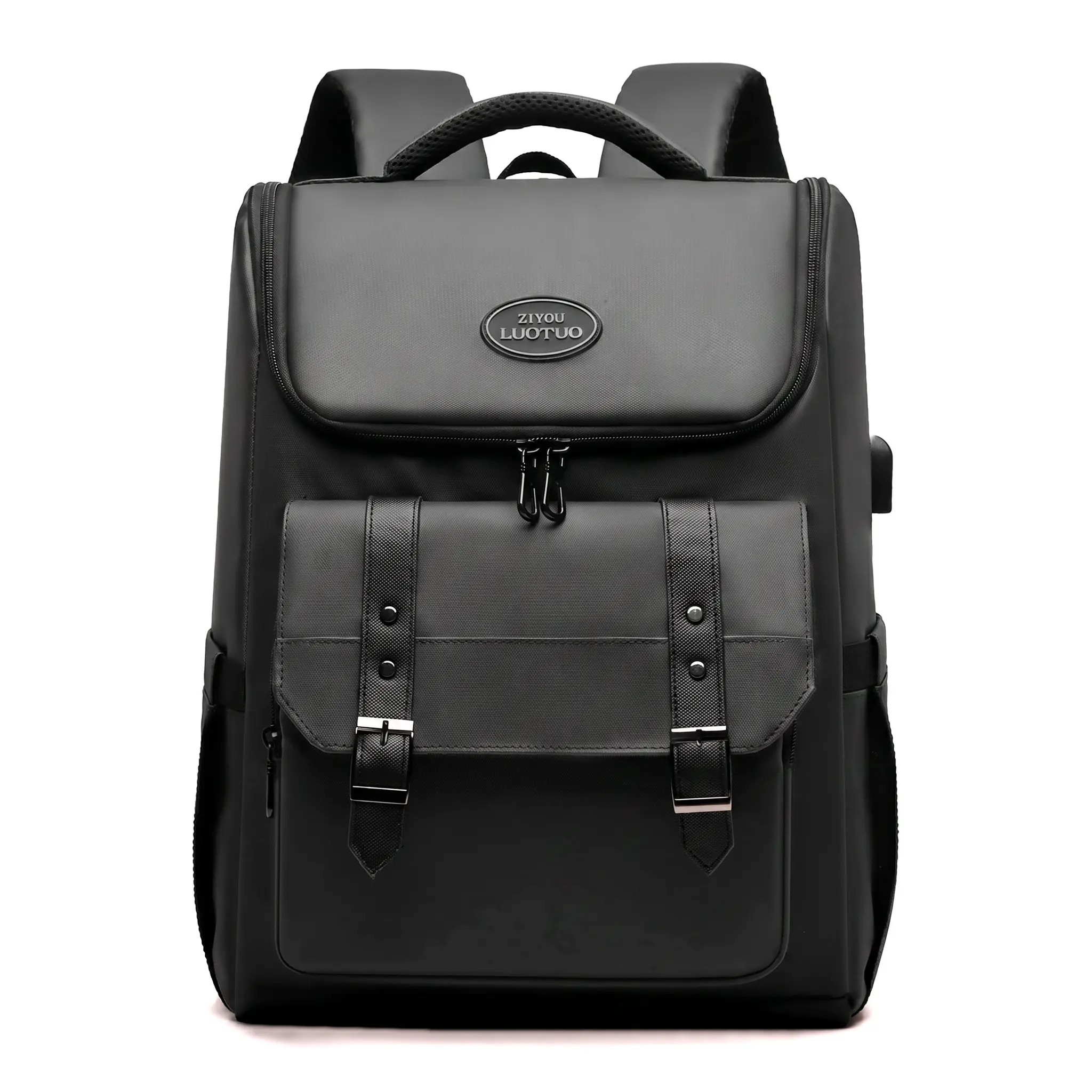 Waterproof 16 Inch Laptop Backpack For Travel Business Unisex Large Capacity Curved Shoulder Straps Leather Film Polyester Lining Black Gray Dark Blue