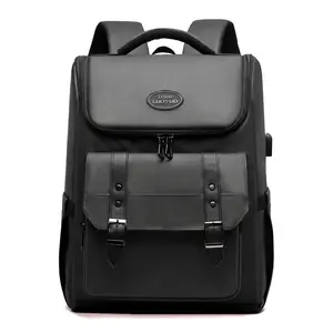 Waterproof 16 Inch Laptop Backpack For Travel Business Unisex Large Capacity Curved Shoulder Straps Leather Film Polyester Lining Black Gray Dark Blue