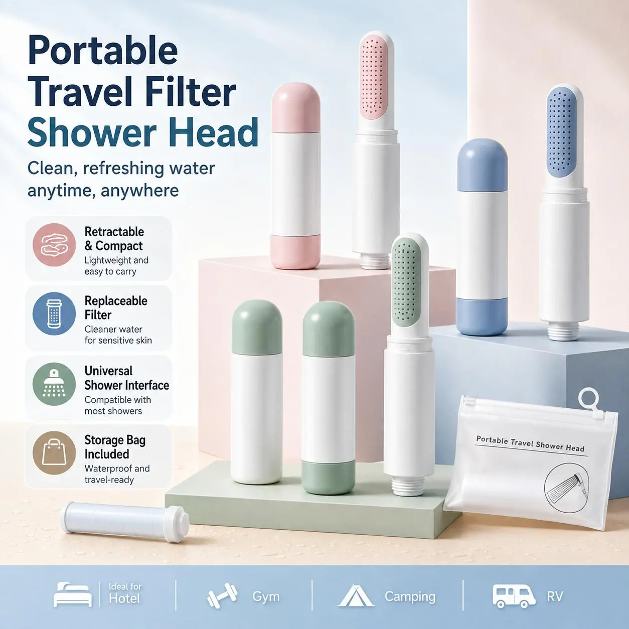 Portable Travel Filter Shower Head, Retractable Compact Handheld Shower with Removable Replaceable Filter, High-Pressure Water-Saving Spray, Universal Hotel, Gym, Camping & RV Accessory, Easy Installation