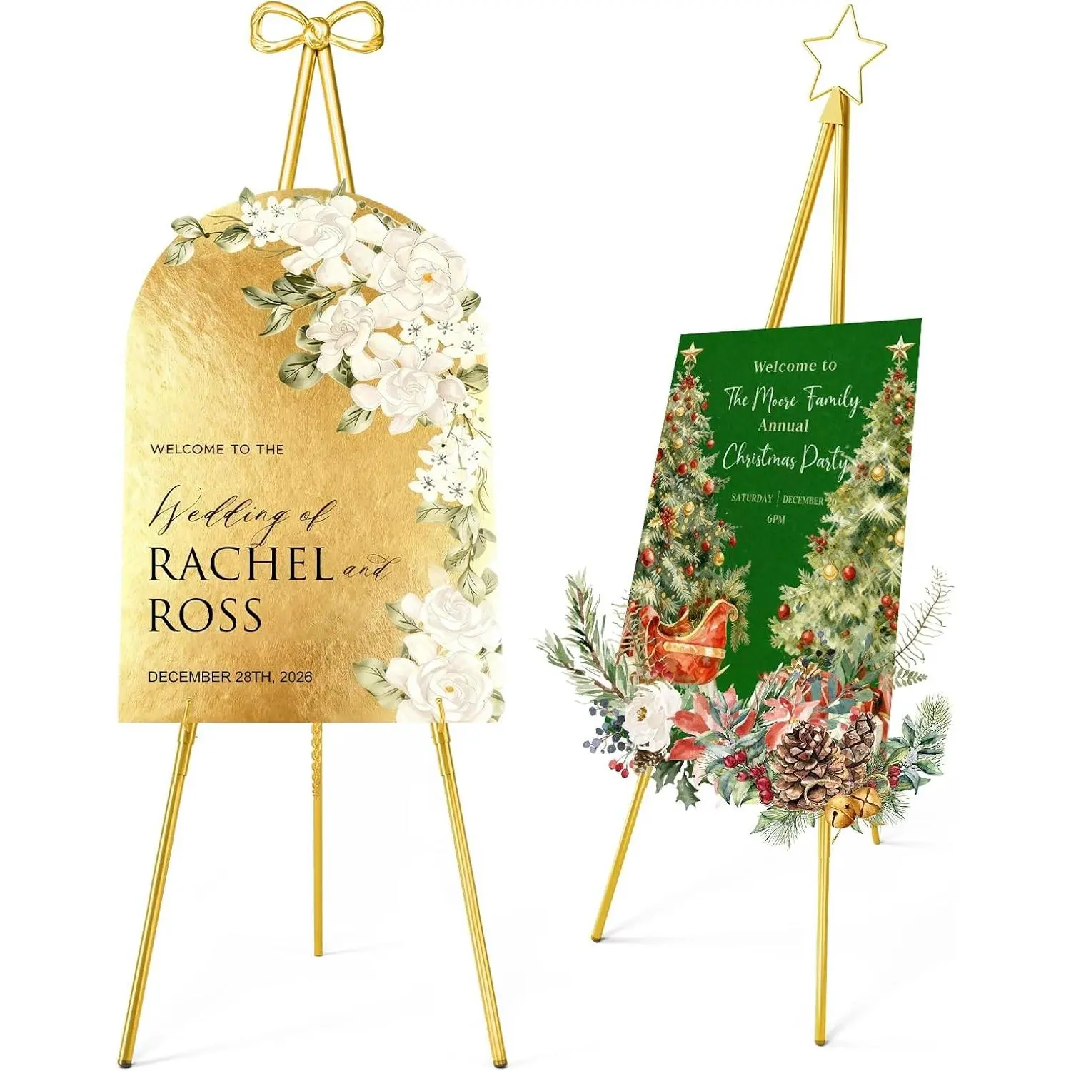 Interchangeable Bow & Star Top Gold Easel Stand for Sign, 62"–47" Height Adjustable Heavy Duty Wedding Easel Stand with 3 Display Modes Perfect for Welcome Signs, Christmas Decor, Parties & Events